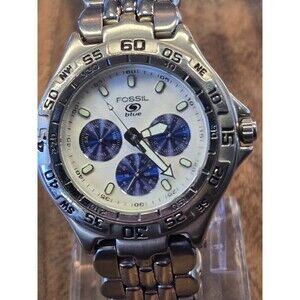 Fossil Blue BQ-9165 Mens 42mm Stainless Watch 100m Silver Dial New Battery 7"
